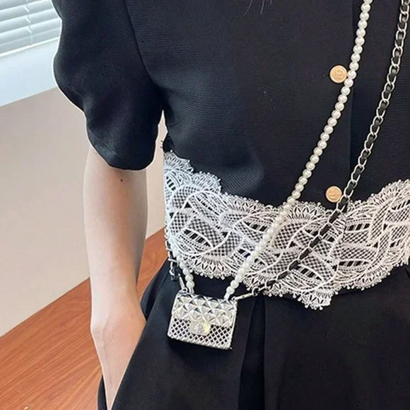 Silver Preppy Womens Mini Metallic Flap Square Bag Pearl Decor - Picture 2 of 5